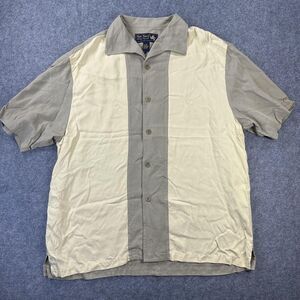 Nat Nast Shirt Mens Large Tan Gray Silk Bowling Button Front Camp Casual
